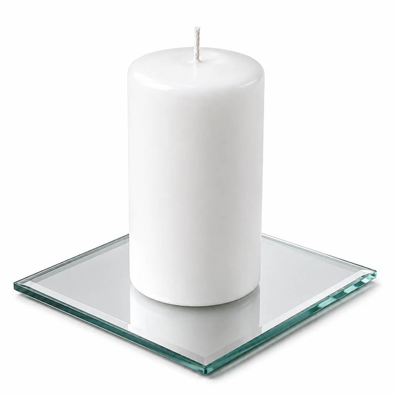 A 5" Square Mirror Coaster holding a white pillar candle isolated on a white background - thumbnail number 2