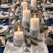 Lit white candles in glass vases filled with silver faux diamond gems on a winter table centerpiece - thumbnail number 2