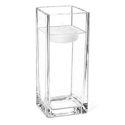 An unlit floating white candle in the Square Vase 12" isolated on a solid white background - thumbnail number 2