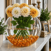 A glass bubble bowl vase with yellow flowers, filled with orange acrylic ice bead fillers - thumbnail number 6