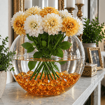 A glass bubble bowl vase with yellow flowers, filled with orange acrylic ice bead fillers - thumbnail number 6