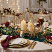 Gold pumpkin carriage centerpiece with candles and flowers - thumbnail number 5