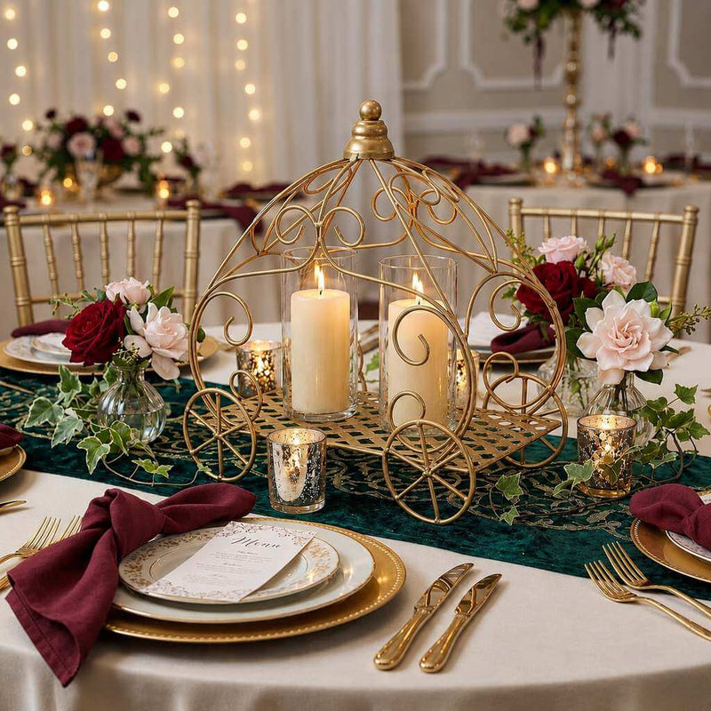 Gold pumpkin carriage centerpiece with candles and flowers - thumbnail number 5