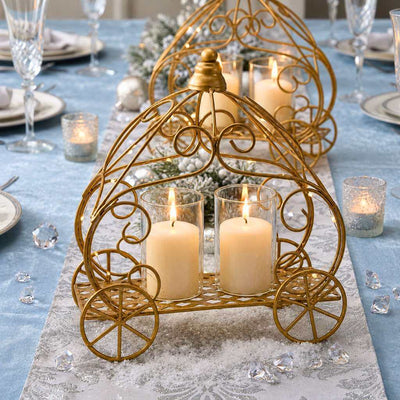 Gold carriage centerpieces holding candles on a table - thumbnail number 6