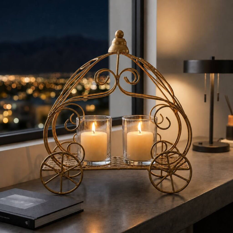 Gold carriage centerpiece with candles near a window - thumbnail number 7
