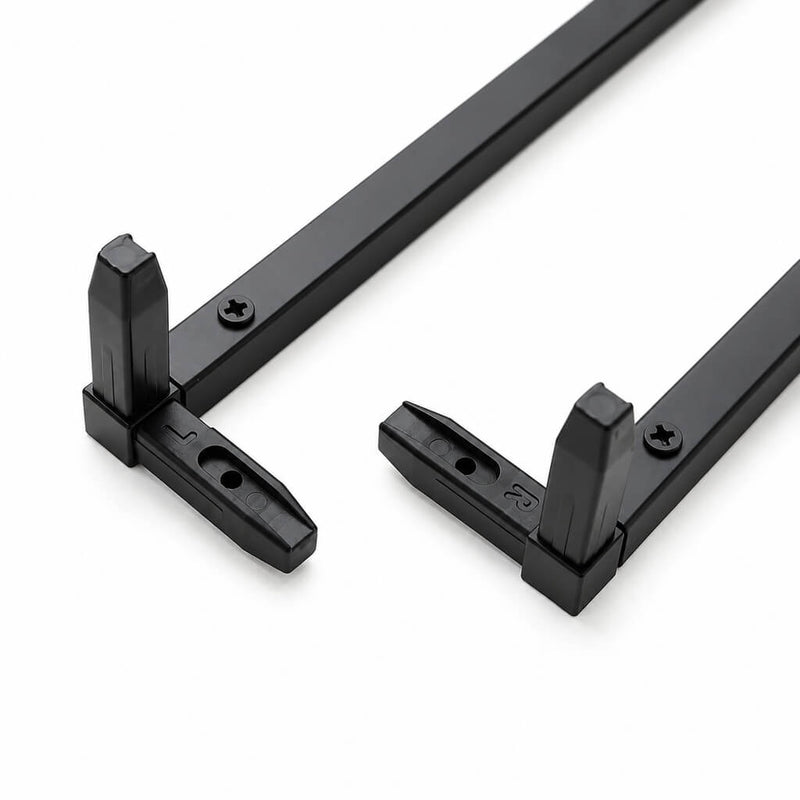 Black metal frame components with plastic L and R corner connectors on a white background - thumbnail number 2