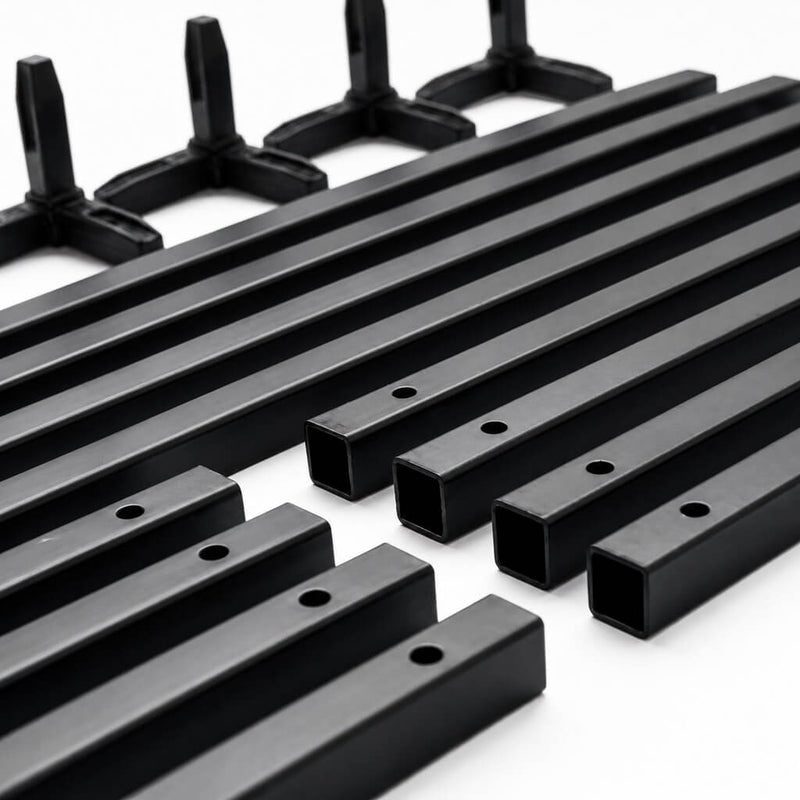 Disassembled black metal poles and plastic connectors for a display stand - thumbnail number 3