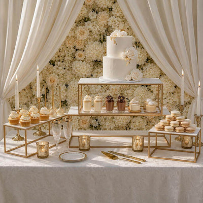 White rectangular acrylic display stands with gold frames on a wedding dessert table - thumbnail number 5