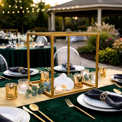Gold square geometric metal frame centerpiece with candles and flowers on a wedding table - thumbnail number 3