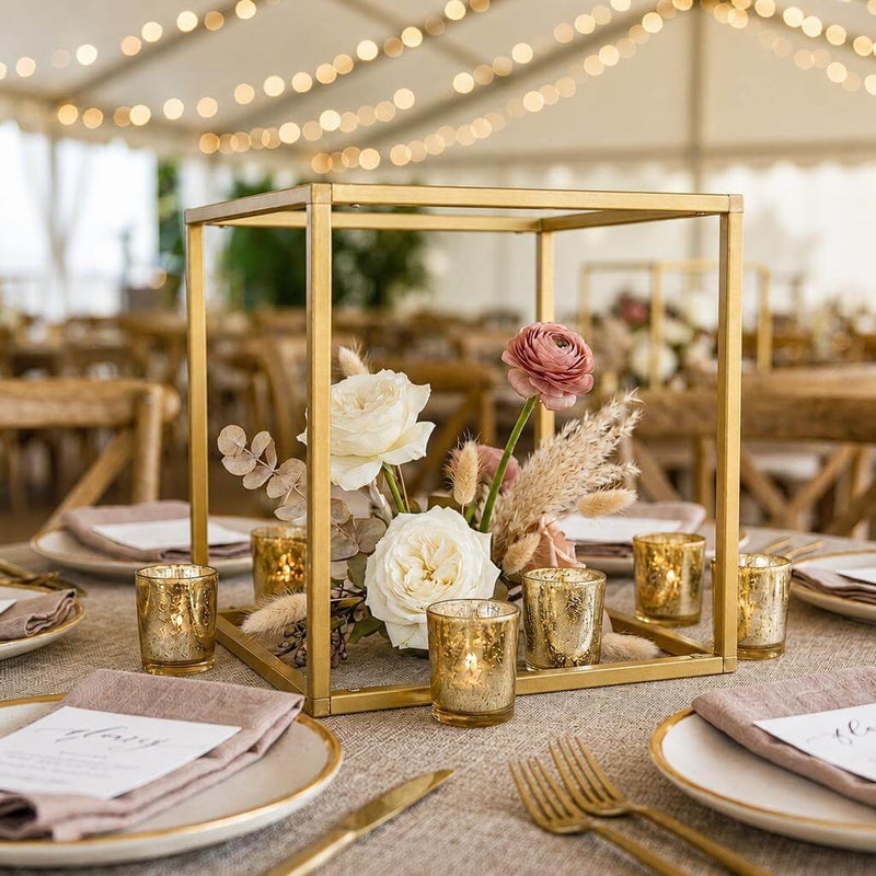 Gold square geometric frame centerpiece with flowers and candles on a rustic wedding table - thumbnail number 4