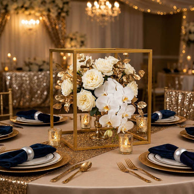 Gold square geometric frame centerpiece with white and gold flowers on a wedding table - thumbnail number 5