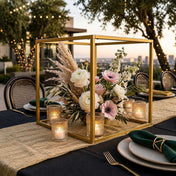 Gold metal square geometric frame centerpiece with flowers and pampas grass on a table - thumbnail number 6