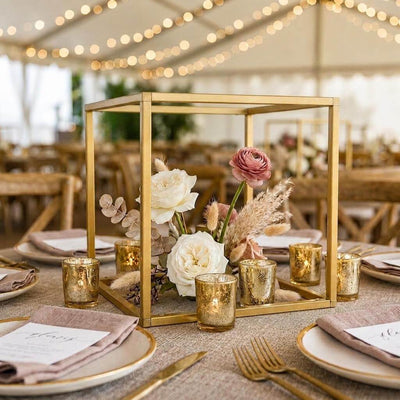 Set of 2 Gold Metal Flower Stands 8" – Square Geometric Frame for Wedding Centerpiece Display - thumbnail number 3