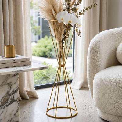 27 inch reversible dual cone gold metal stand holding pampas grass and orchids - thumbnail number 5