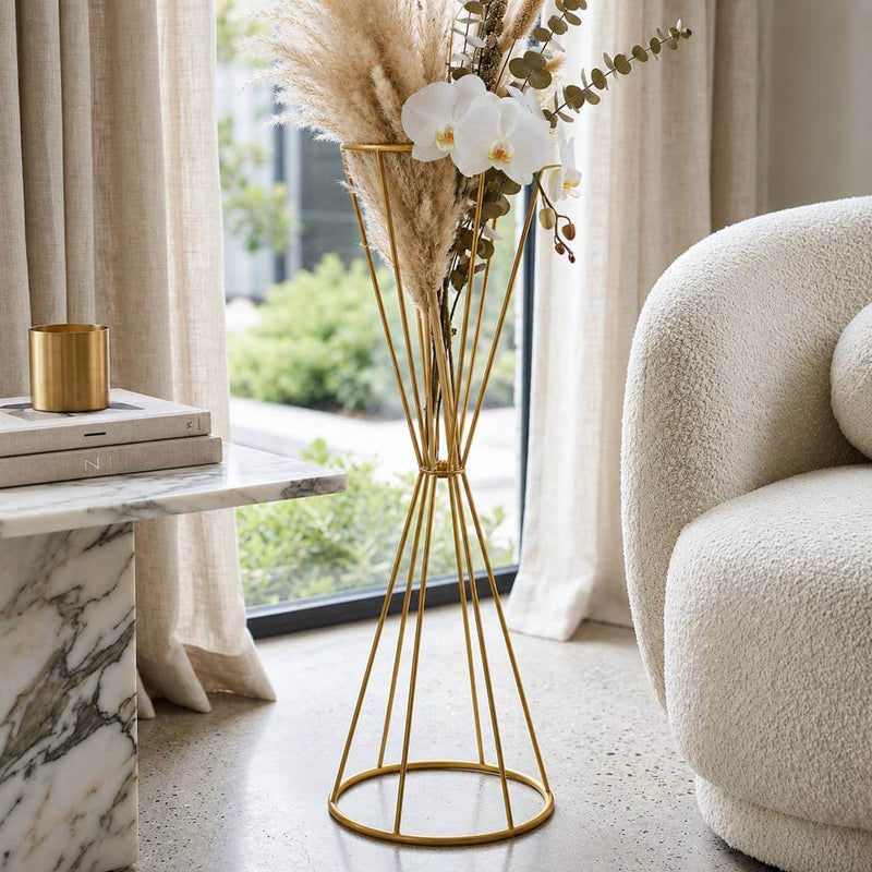 27 inch reversible dual cone gold metal stand holding pampas grass and orchids - thumbnail number 5