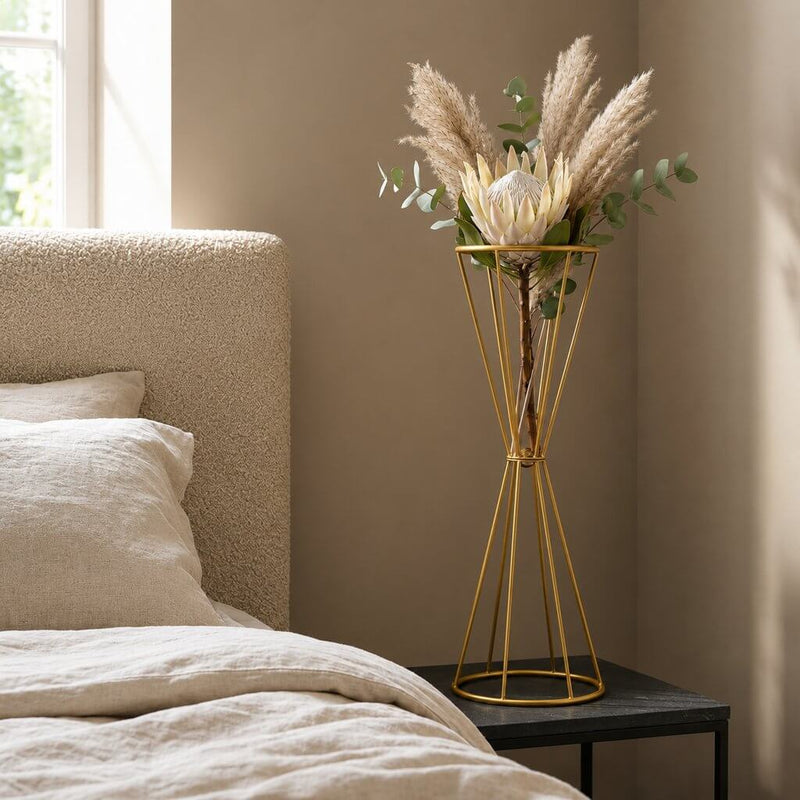 27-inch reversible dual cone gold metal stand holding dried flowers and pampas grass - thumbnail number 6