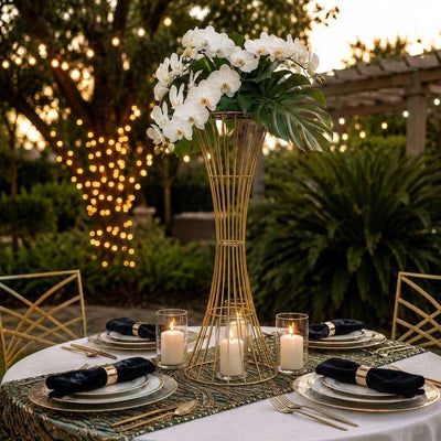48" Tall Gold Metal Wire Trumpet Flower Centerpiece Stand – Reversible Hourglass Pedestal Prop - thumbnail number 5