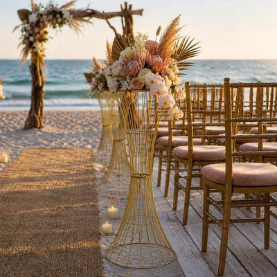 48" Tall Gold Metal Wire Trumpet Flower Centerpiece Stand – Reversible Hourglass Pedestal Prop - thumbnail number 6