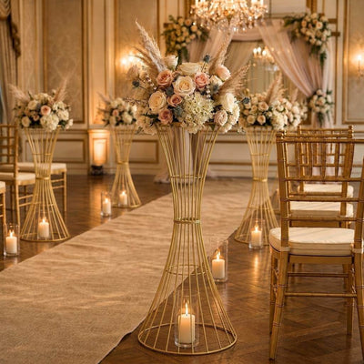 48" Tall Gold Metal Wire Trumpet Flower Centerpiece Stand – Reversible Hourglass Pedestal Prop - thumbnail number 3
