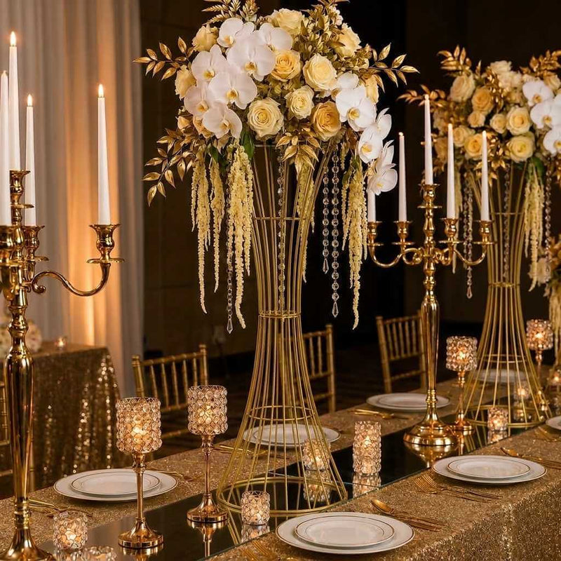 48" Tall Gold Metal Wire Trumpet Flower Centerpiece Stand – Reversible Hourglass Pedestal Prop - thumbnail number 4