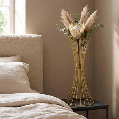 36-inch gold metal wire trumpet centerpiece stand holding dried flowers and pampas grass - thumbnail number 7