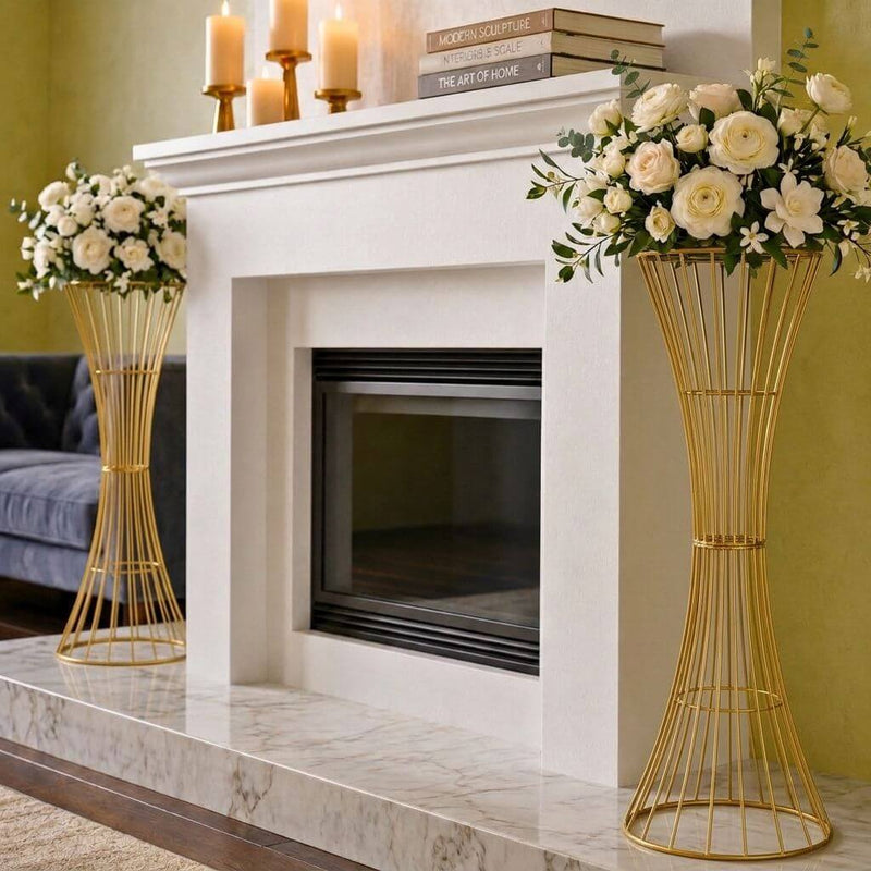 48" Tall Gold Metal Wire Trumpet Flower Centerpiece Stand – Reversible Hourglass Pedestal Prop - thumbnail number 9