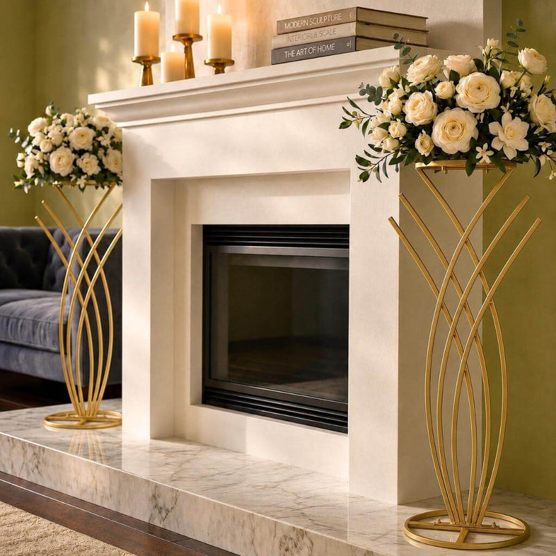 Gold mermaid tail flower stands flanking a fireplace - thumbnail number 7