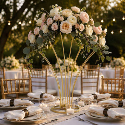 Scalloped Fan Shape Gold Metal Flower Frame 32" – Table Centerpiece Wedding Floral Display Stand - thumbnail number 4