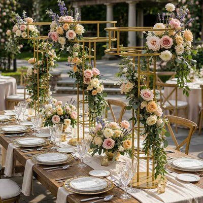 Gold metal floral risers styled with pink and white flower arrangements on an outdoor wedding table - thumbnail number 4