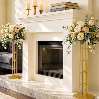 Gold metal floral risers holding pastel floral arrangements by a fireplace - thumbnail number 7