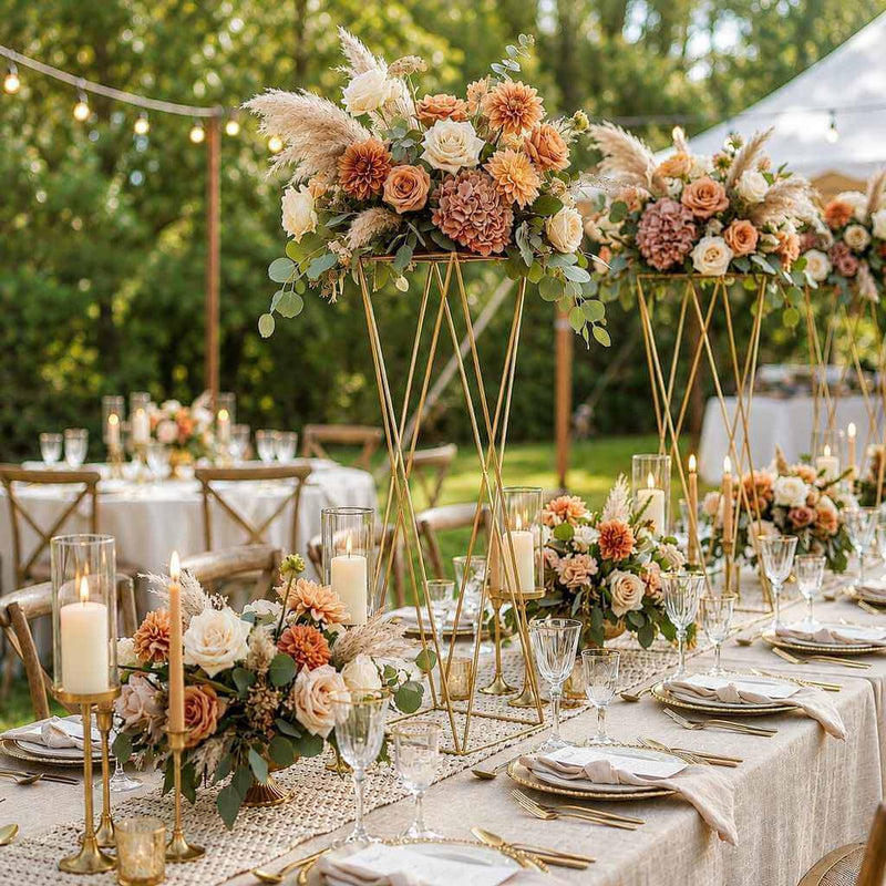 Tall gold geometric stands with floral centerpieces for outdoor wedding - thumbnail number 5