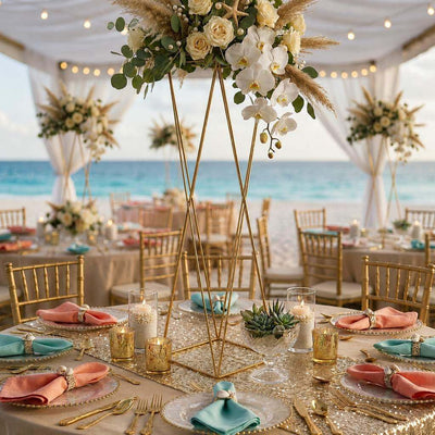 Gold geometric stands with beach wedding floral centerpieces - thumbnail number 6