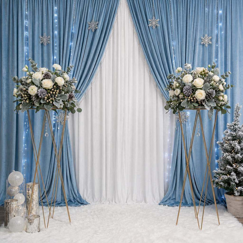 Gold geometric stands with winter floral centerpieces as backdrop - thumbnail number 7