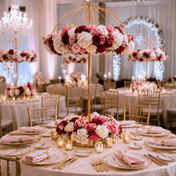 Gold metal umbrella flower stand centerpiece with pink and red roses at a wedding reception - thumbnail number 6