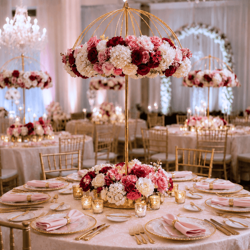 Gold metal umbrella flower stand centerpiece with pink and red roses at a wedding reception - thumbnail number 6