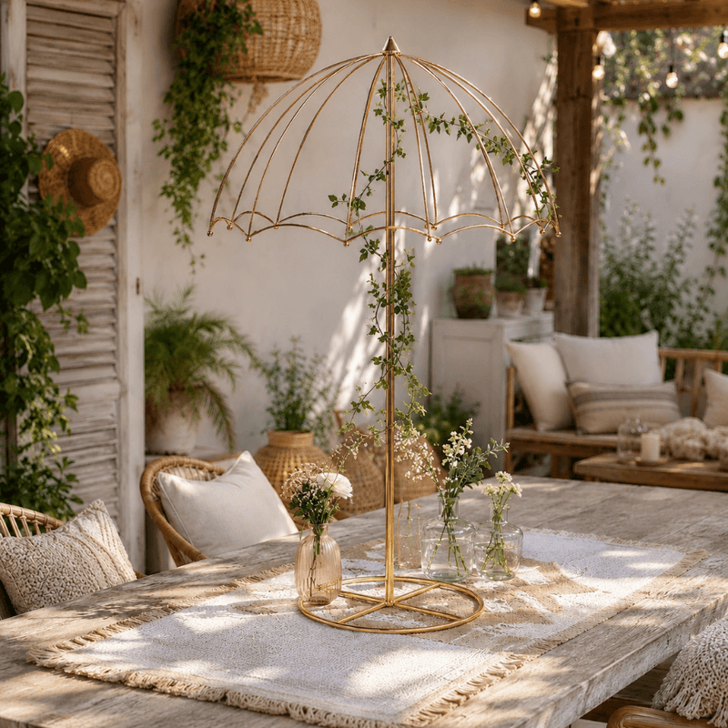 Gold metal umbrella flower stand centerpiece with minimal green vines on an outdoor patio table - thumbnail number 7