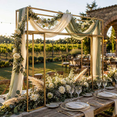 Gold metal over table arch with floral and fabric decor - thumbnail number 3