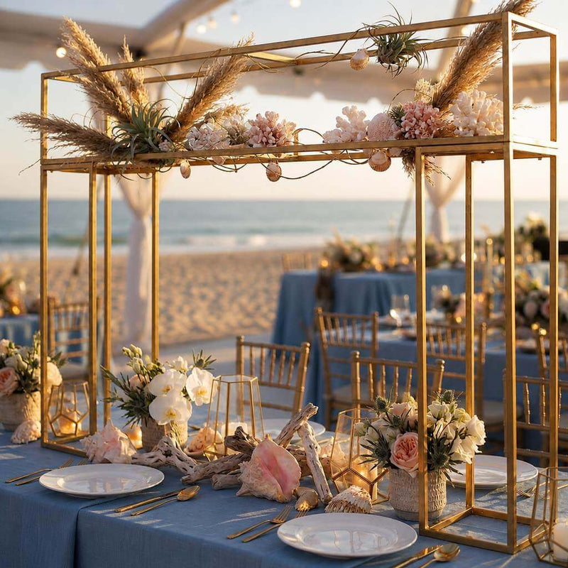 Tall gold metal over-table frame decorated with pampas grass and seashells - thumbnail number 4