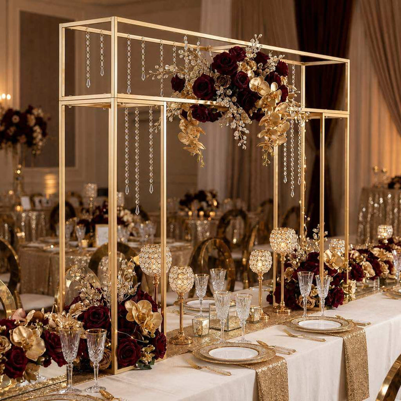 Tall gold over-table rectangular stand with burgundy and gold flowers - thumbnail number 5