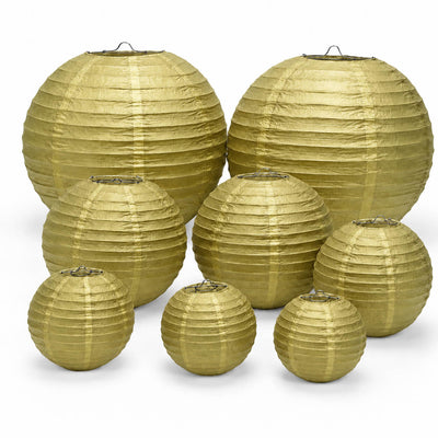 Set of 8 Gold Hanging Paper Lanterns, Assorted Size Decorative Round Chinese Sky Lanterns - 6",8",10",14"