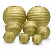 Set of 8 gold round paper lanterns in assorted sizes from 6 to 14 inches - thumbnail number 1