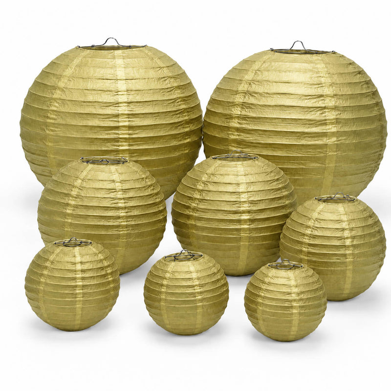 Set of 8 gold round paper lanterns in assorted sizes from 6 to 14 inches - thumbnail number 1