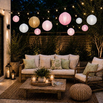 Mixed blush and gold paper lanterns hanging over an outdoor patio seating area - thumbnail number 5