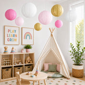 Mixed blush and gold paper lanterns hanging in a children's playroom - thumbnail number 6