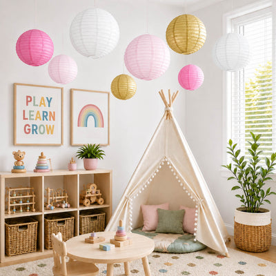 Mixed blush and gold paper lanterns hanging in a children's playroom - thumbnail number 6