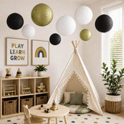 Set of 8 Mixed Black Gold Hanging Paper Lanterns, Assorted Size Decorative Round Chinese Sky Lanterns - 6",8",10",14" - thumbnail number 10