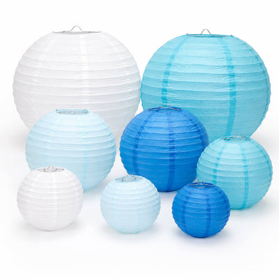 Set of 8 Mixed Blue White Hanging Paper Lanterns, Assorted Size Decorative Round Chinese Sky Lanterns - 6",8",10",14"