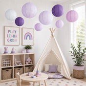 Set of 8 Mixed Purple White Hanging Paper Lanterns, Assorted Size Decorative Round Chinese Sky Lanterns - 6",8",10",14" - thumbnail number 8