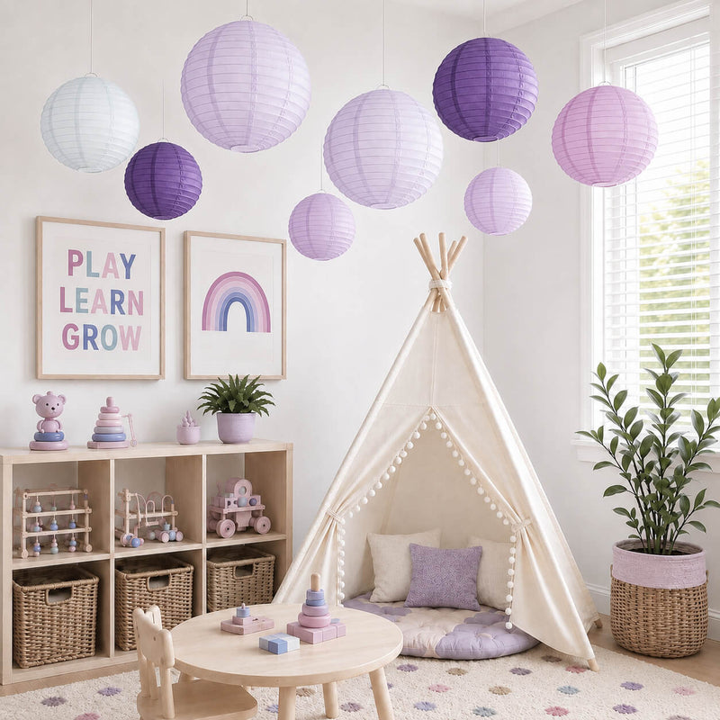 Set of 8 Mixed Purple White Hanging Paper Lanterns, Assorted Size Decorative Round Chinese Sky Lanterns - 6",8",10",14" - thumbnail number 8