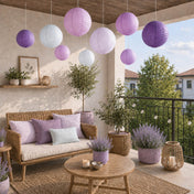 Set of 8 Mixed Purple White Hanging Paper Lanterns, Assorted Size Decorative Round Chinese Sky Lanterns - 6",8",10",14" - thumbnail number 9